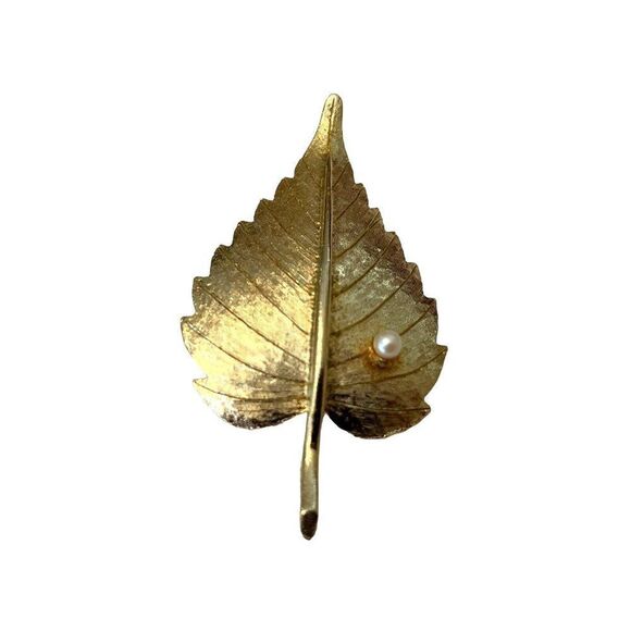 Gold Tone Pearl Crystal Brooches Leaf Bar Pin Pink Flower Open Work Lot of 3 - Picture 4 of 5